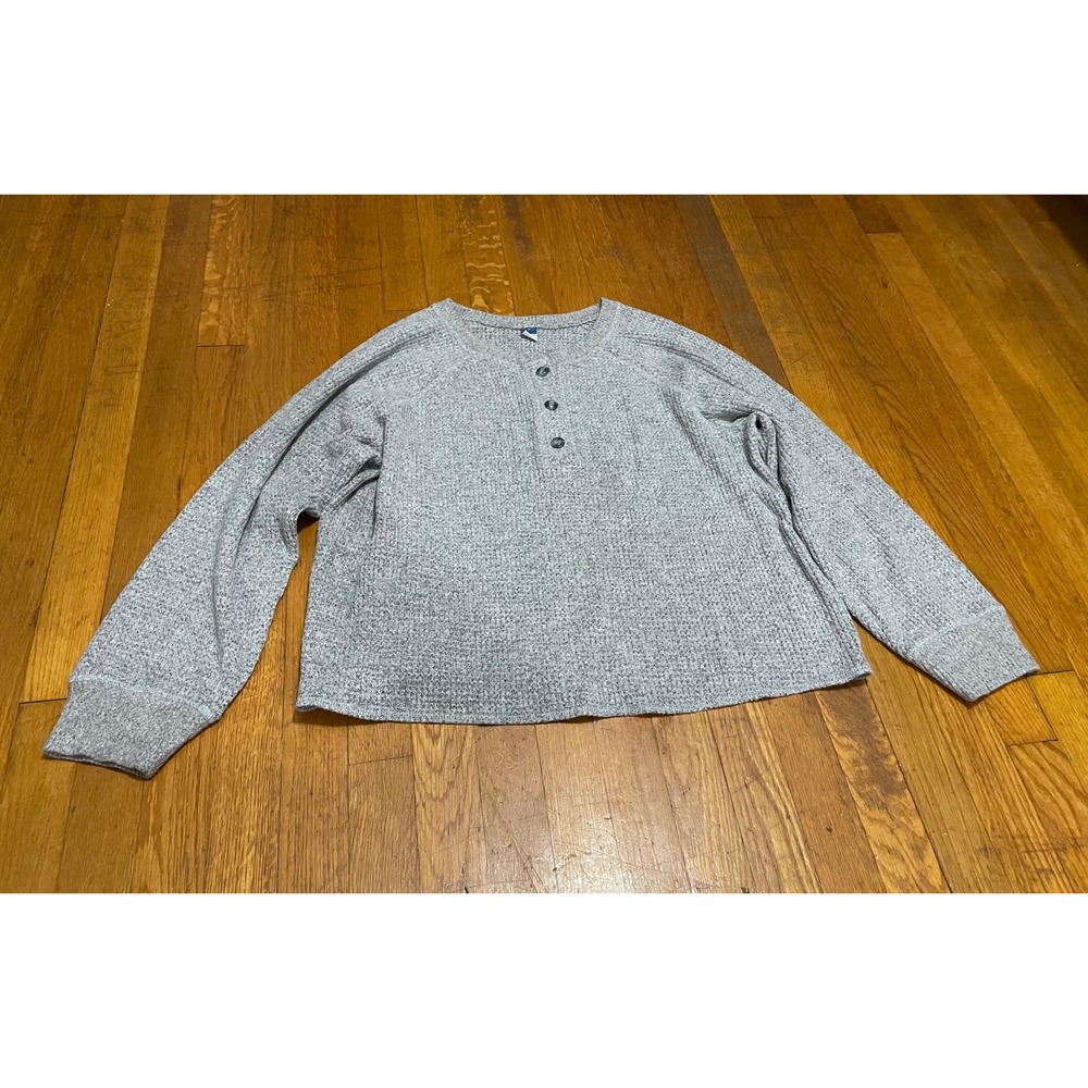 Old Navy Plush Tee Womens XL Gray Waffle Knit Henley Long Sleeve Raglan Top
